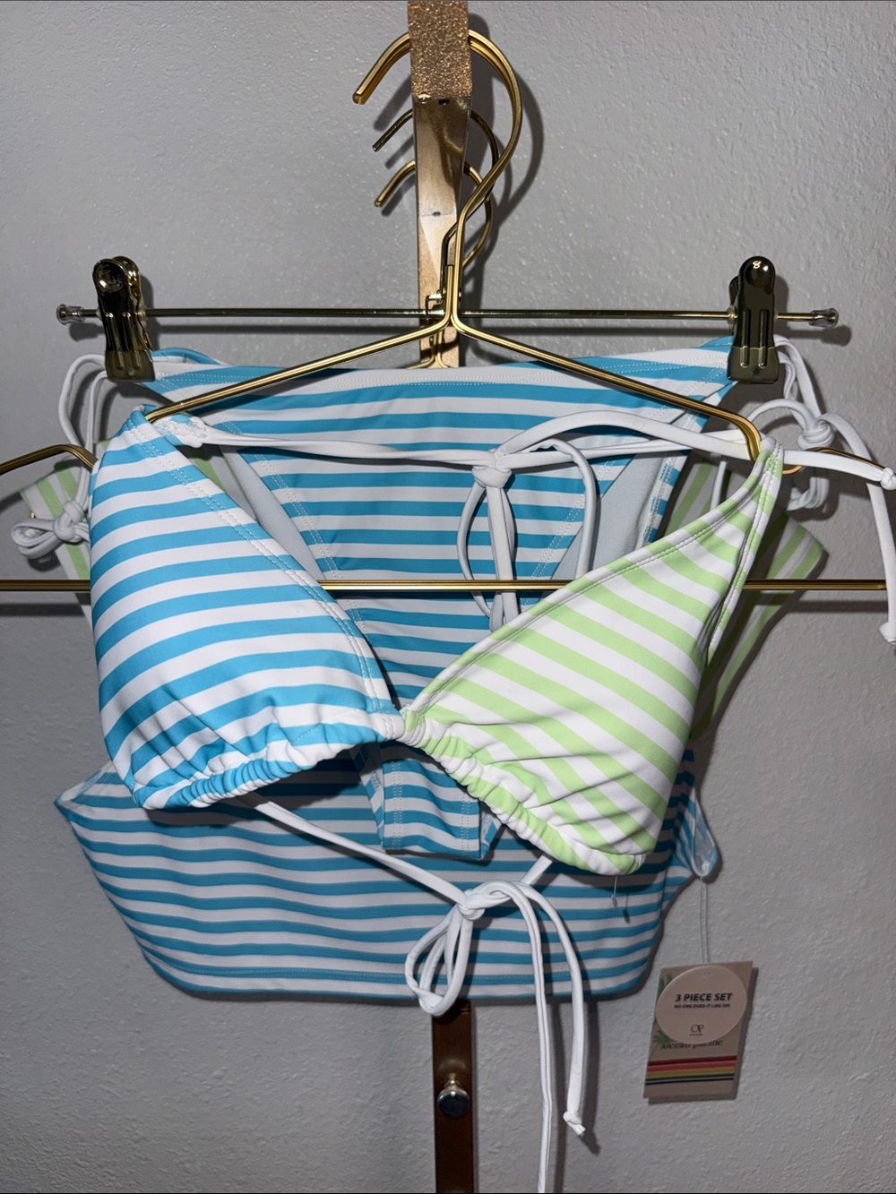 Ocean Pacific- 3 Piece bikini set-Striped Blue & Lime Triangle Bikini Top